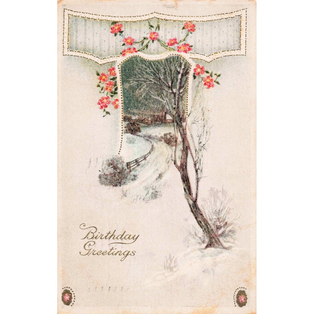 Antique 1916 Birthday Greetings Postcard Winter Scene Pink Flowers Waukegan IL - Picture 1 of 2